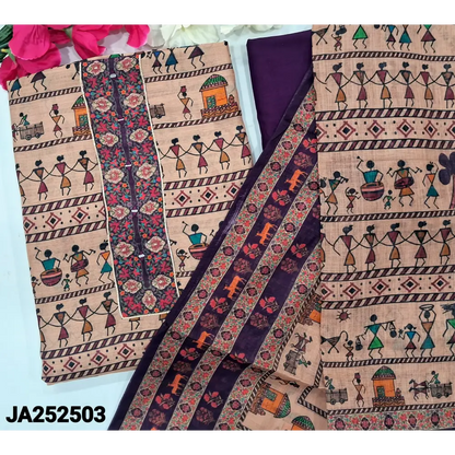 CODE JA252503: Beige base warli printed semi linen unstitched salwar material zari& real mirror work on yoke(lining