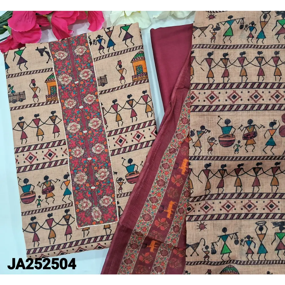 CODE JA252504: Beige base warli printed semi linen unstitched salwar material zari& real mirror work on yoke(lining