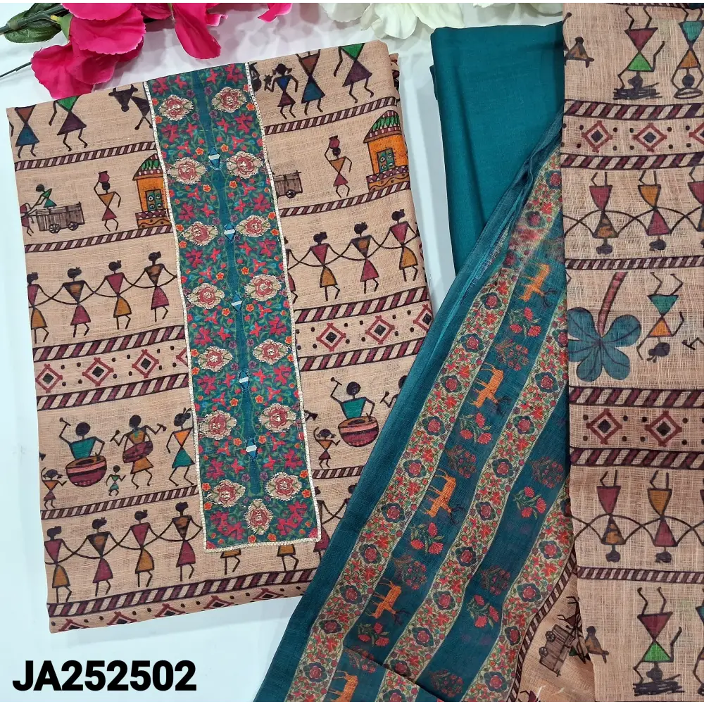 CODE JA252502: Beige base warli printed semi linen unstitched salwar material zari& real mirror work on yoke(lining