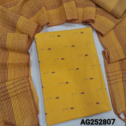Mango yellow south handloom cotton unstitched salwar material, thread woven buttas all over(lining needed)vertical printed south handloom cotton bottom, self checkered handloom cotton dupatta. CODE AG252807