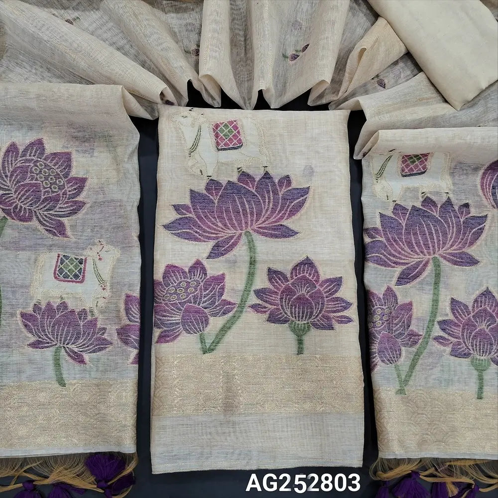 Half white jamdani woven premium silk cotton unstitched salwar material(thin, lining needed)matching santoon bottom, jamdani woven premium silk cotton full length dupatta. CODE AG252803