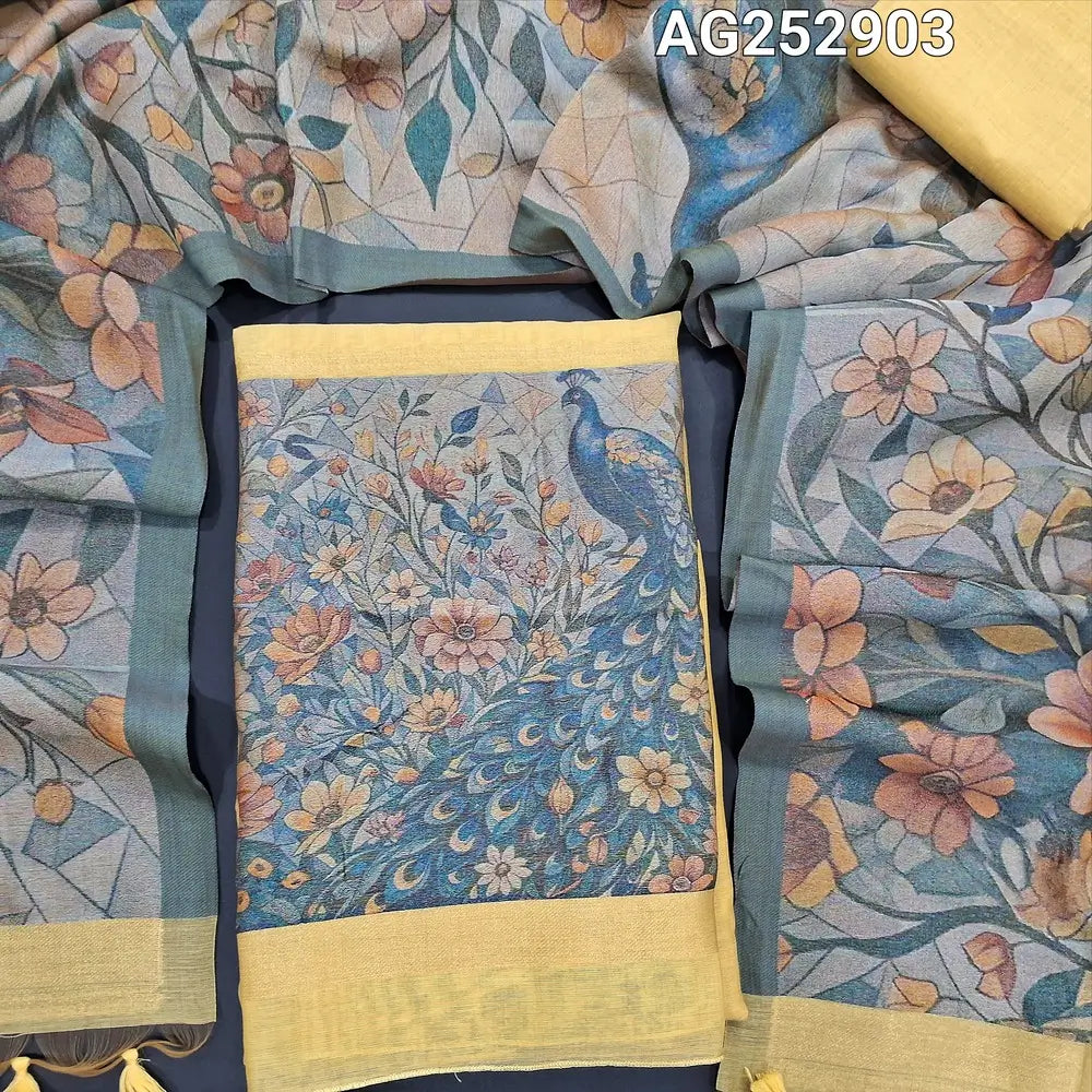 Pastel yellow jamdani woven premium silk cotton unstitched salwar material, rich jamdani woven daman(thin, lining needed)matching silk cotton bottom, rich jamdani woven premium silk cotton full length dupatta with tassels. CODE AG252903