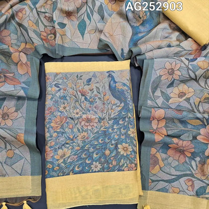 Pastel yellow jamdani woven premium silk cotton unstitched salwar material, rich jamdani woven daman(thin, lining needed)matching silk cotton bottom, rich jamdani woven premium silk cotton full length dupatta with tassels. CODE AG252903