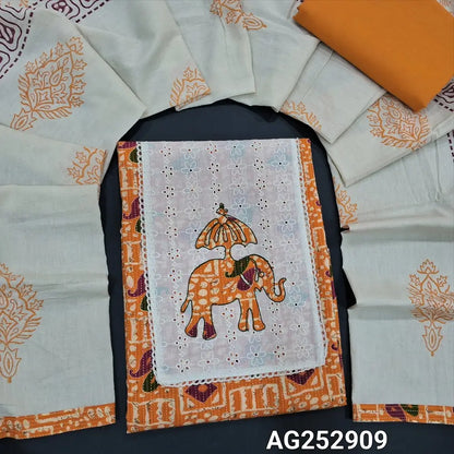 Orange original wax batik dyed kantha cotton unstitched salwar material, applique work on yoke(lining optional)matching cotton bottom, block printed pure cotton short width dupatta. CODE AG252909