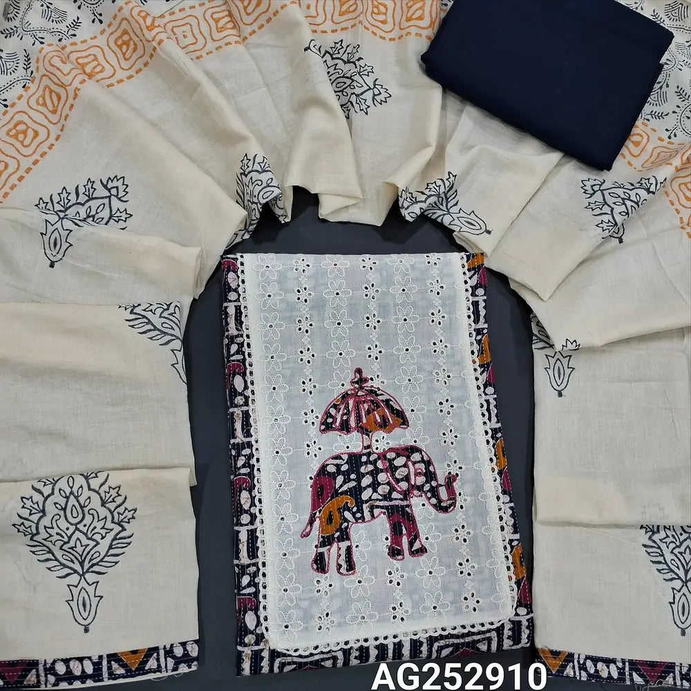 Dark blue original wax batik dyed kantha cotton unstitched salwar material, applique work on yoke(lining optional)matching cotton bottom, block printed pure cotton short width dupatta. CODE AG252910
