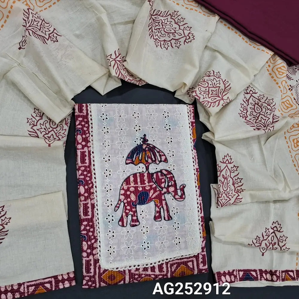 Beetroot purple original wax batik dyed kantha cotton unstitched salwar material, applique work on yoke(lining optional)matching cotton bottom, block printed pure cotton short width dupatta. CODE AG252912
