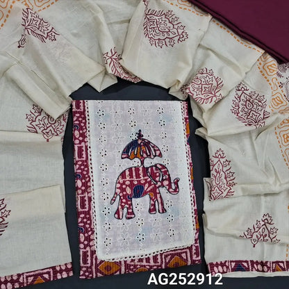 Beetroot purple original wax batik dyed kantha cotton unstitched salwar material, applique work on yoke(lining optional)matching cotton bottom, block printed pure cotton short width dupatta. CODE AG252912