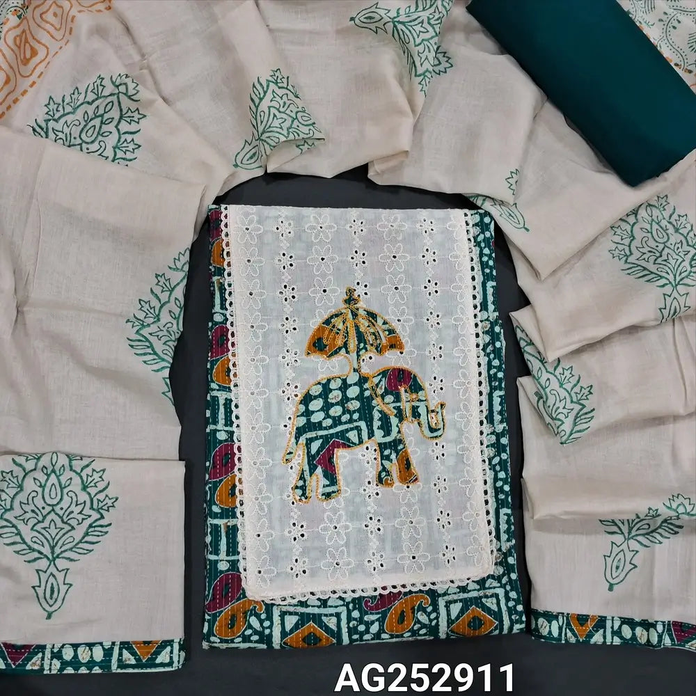 Teal green original wax batik dyed kantha cotton unstitched salwar material, applique work on yoke(lining optional)matching cotton bottom, block printed pure cotton short width dupatta. CODE AG252911