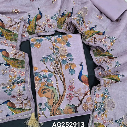 Lavender digital printed silk cotton unstitched salwar material, hand embroidery on front(thin, lining needed)matching santoon bottom, digital printed silk cotton dupatta with hand embroidery. CODE AG252913