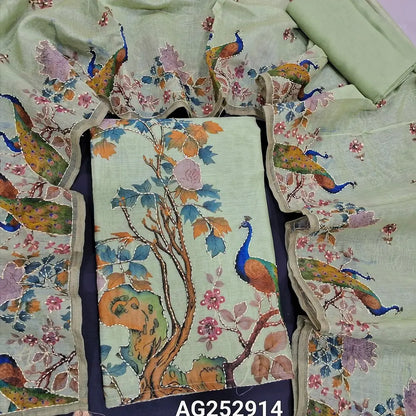 Pastel green digital printed silk cotton unstitched salwar material, hand embroidery on front(thin, lining needed)matching santoon bottom, digital printed silk cotton dupatta with hand embroidery. CODE AG252914