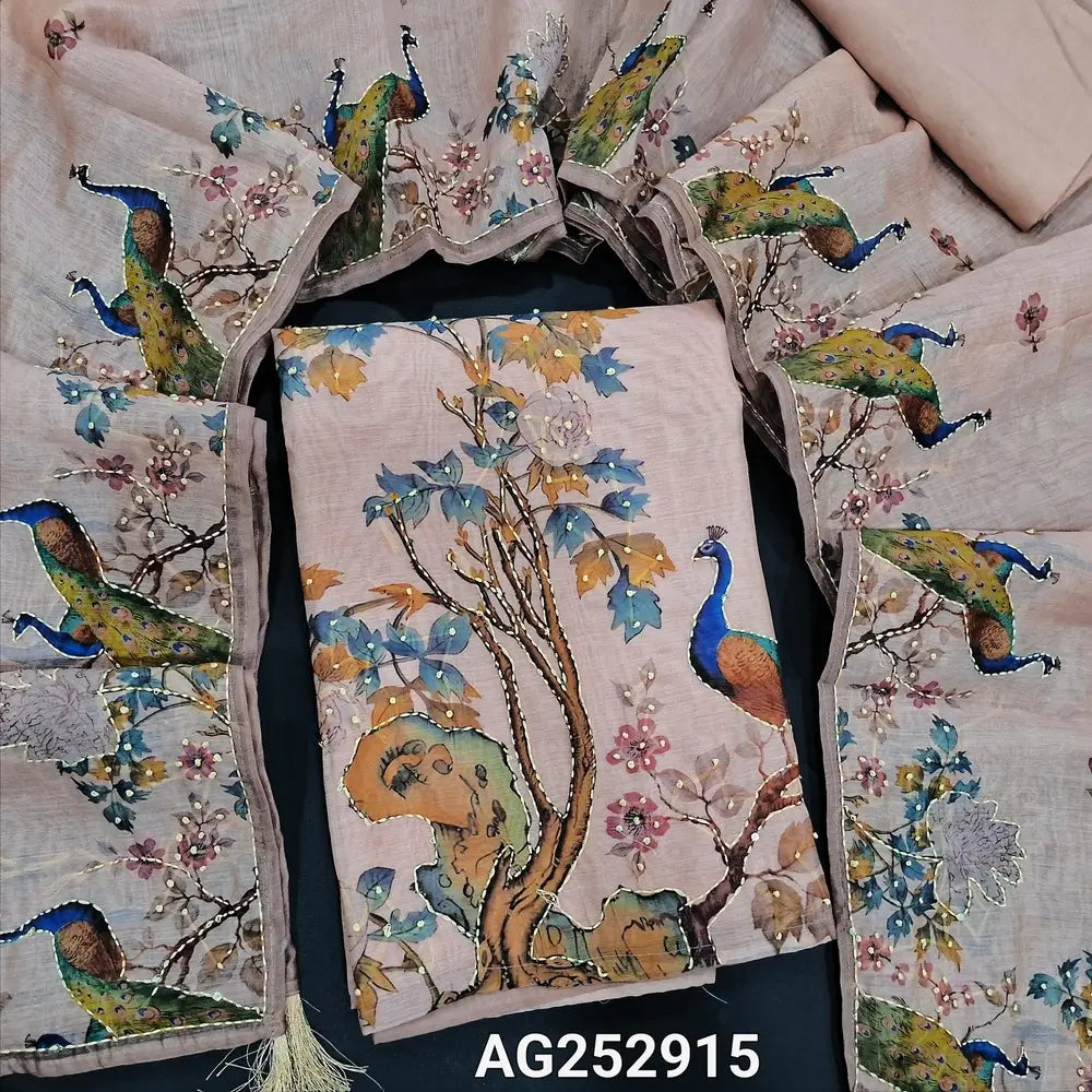 Pastel pink digital printed silk cotton unstitched salwar material, hand embroidery on front(thin, lining needed)matching santoon bottom, digital printed silk cotton dupatta with hand embroidery. CODE AG252915