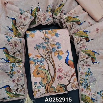 Pastel pink digital printed silk cotton unstitched salwar material, hand embroidery on front(thin, lining needed)matching santoon bottom, digital printed silk cotton dupatta with hand embroidery. CODE AG252915