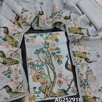 Light bluish grey digital printed silk cotton unstitched salwar material, hand embroidery on front(thin, lining needed)matching santoon bottom, digital printed silk cotton dupatta with hand embroidery. CODE AG252916