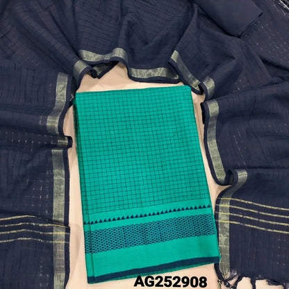 Turquoise green south handloom cotton unstitched salwar material(lining needed)navy blue handloom cotton bottom, self checkered handloom cotton dupatta with zari borders. CODE AG252908