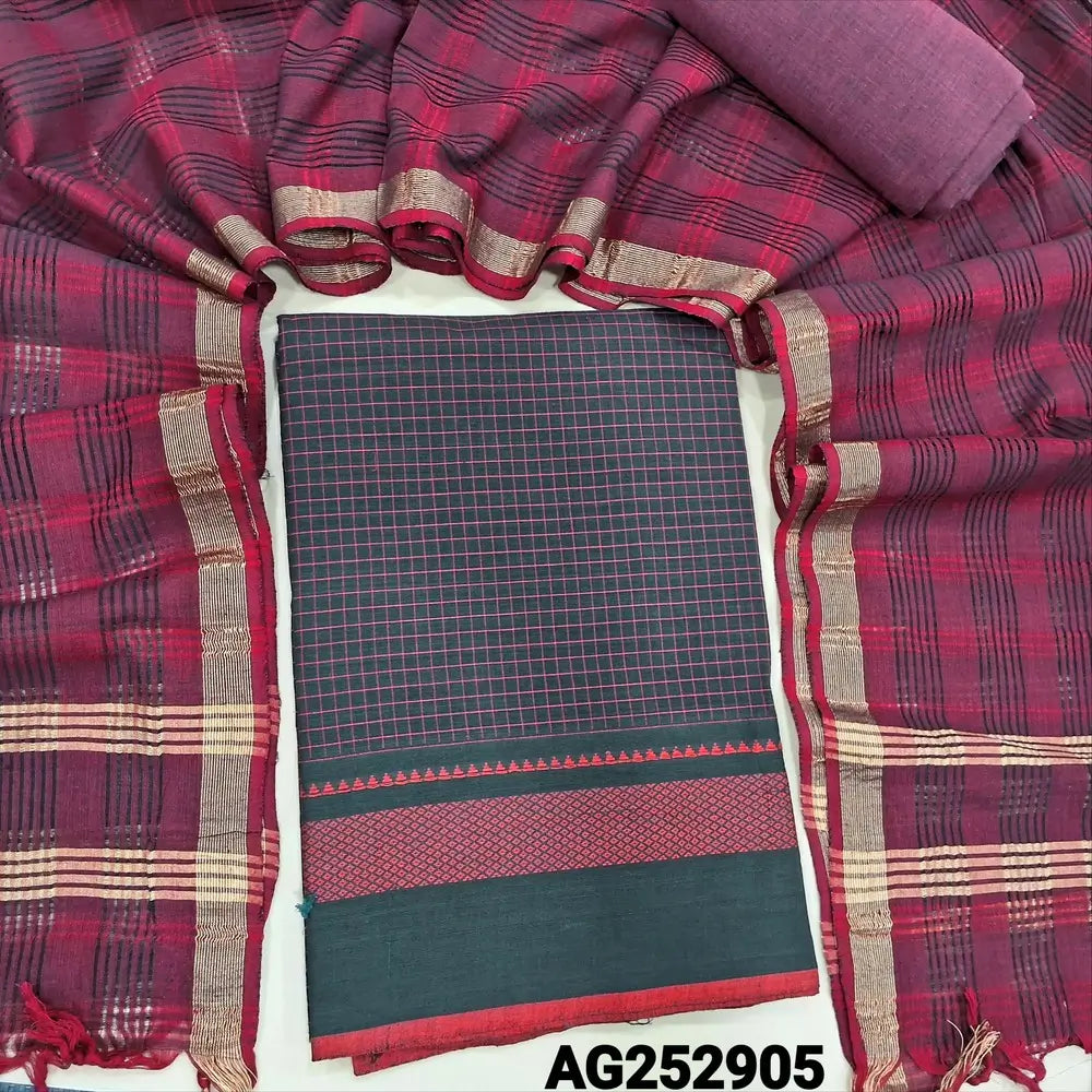 Black south handloom cotton unstitched salwar material(lining needed)maroon handloom cotton bottom, self checkered handloom cotton dupatta with zari borders. CODE AG252905