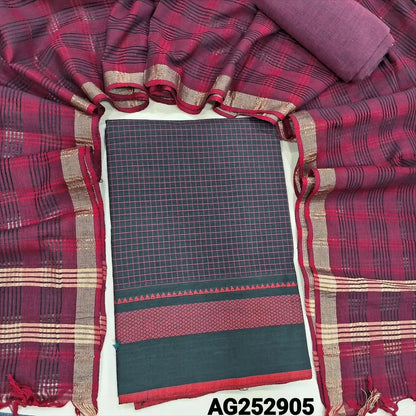 Black south handloom cotton unstitched salwar material(lining needed)maroon handloom cotton bottom, self checkered handloom cotton dupatta with zari borders. CODE AG252905