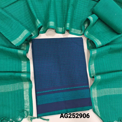 Ink blue south handloom cotton unstitched salwar material(lining needed)turquoise green handloom cotton bottom, self checkered handloom cotton dupatta with zari borders. CODE AG252906