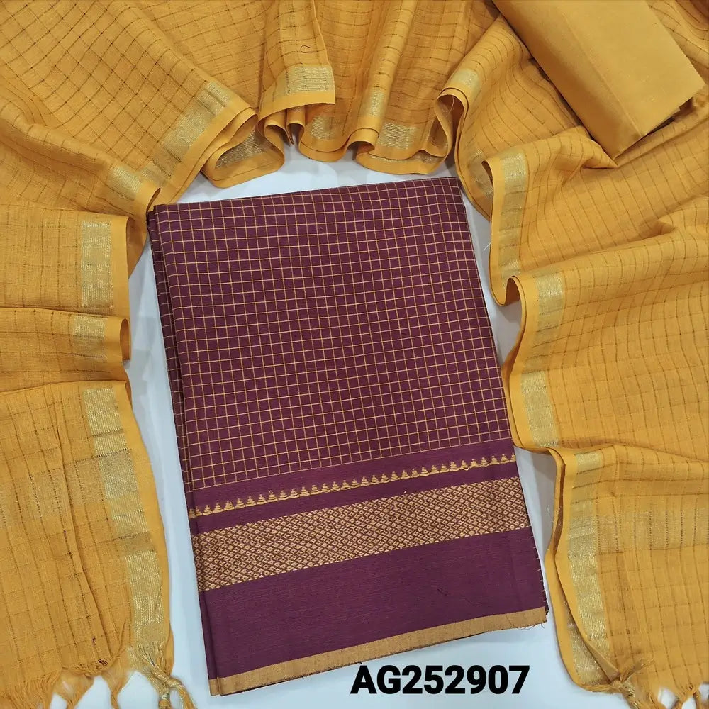 Maroon south handloom cotton unstitched salwar material(lining needed)mehandhi yellow handloom cotton bottom, self checkered handloom cotton dupatta with zari borders. CODE AG252907