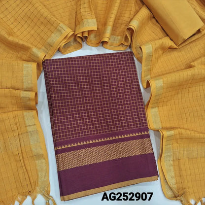Maroon south handloom cotton unstitched salwar material(lining needed)mehandhi yellow handloom cotton bottom, self checkered handloom cotton dupatta with zari borders. CODE AG252907