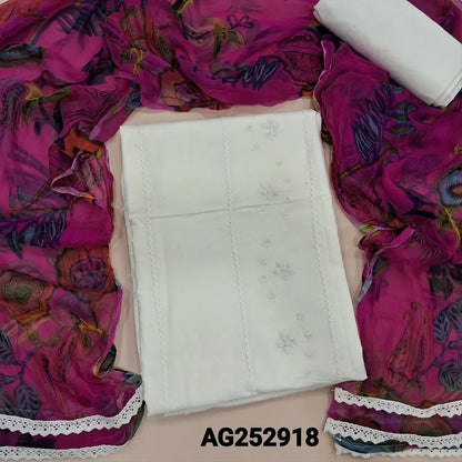 Half white designer premium mul cotton unstitched salwar material, applique& lace work on front(lining needed)matching drum dyed lining provided, NO BOTTOM, printed pure chiffon dupatta with lace tapings. CODE AG252918