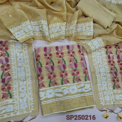 Sandal yellow jamdani woven premium silk cotton unstitched salwar material(thin, lining needed)matching santoon bottom, jamdani woven premium silk cotton dupatta. CODE SP250216