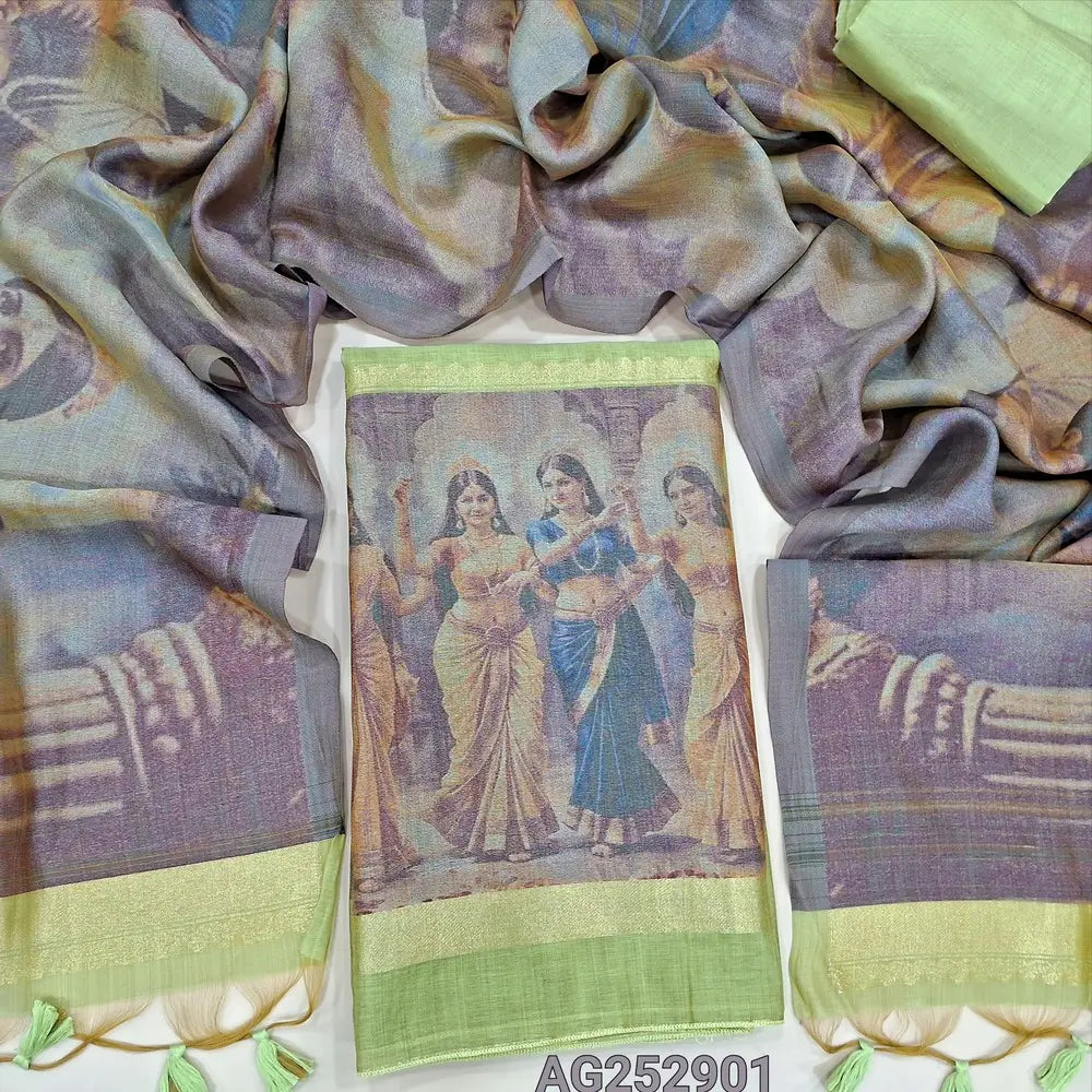 Pastel green jamdani woven premium silk cotton unstitched salwar material, rich jamdani woven daman(thin, lining needed)matching silk cotton bottom, rich jamdani woven premium silk cotton full length dupatta with tassels. CODE AG252901