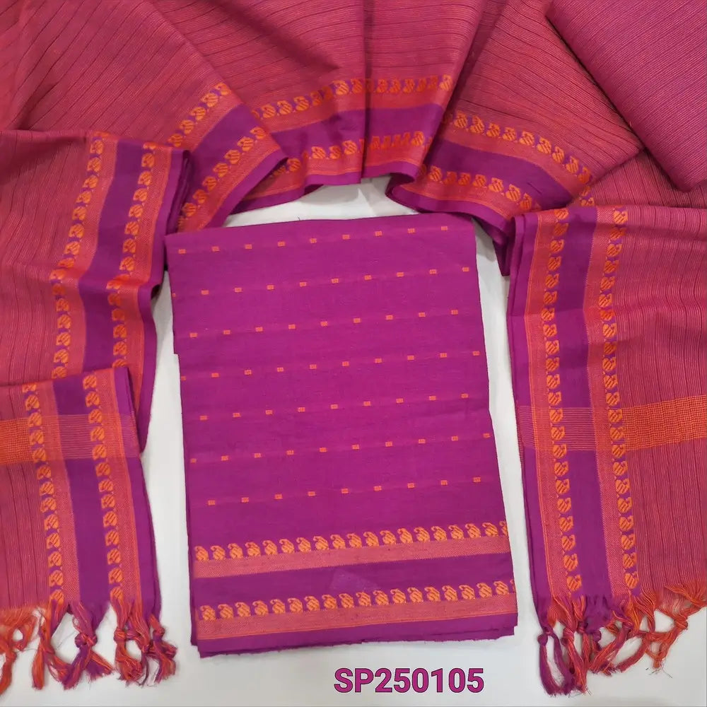 Pink south handloom cotton unstitched salwar material, thread woven design all over(lining optional)handloom cotton bottom, handloom cotton dupatta with borders. CODE SP250105