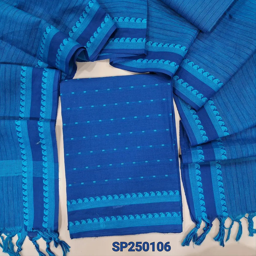 Dark blue south handloom cotton unstitched salwar material, thread woven design all over(lining optional)handloom cotton bottom, handloom cotton dupatta with borders. CODE SP250106