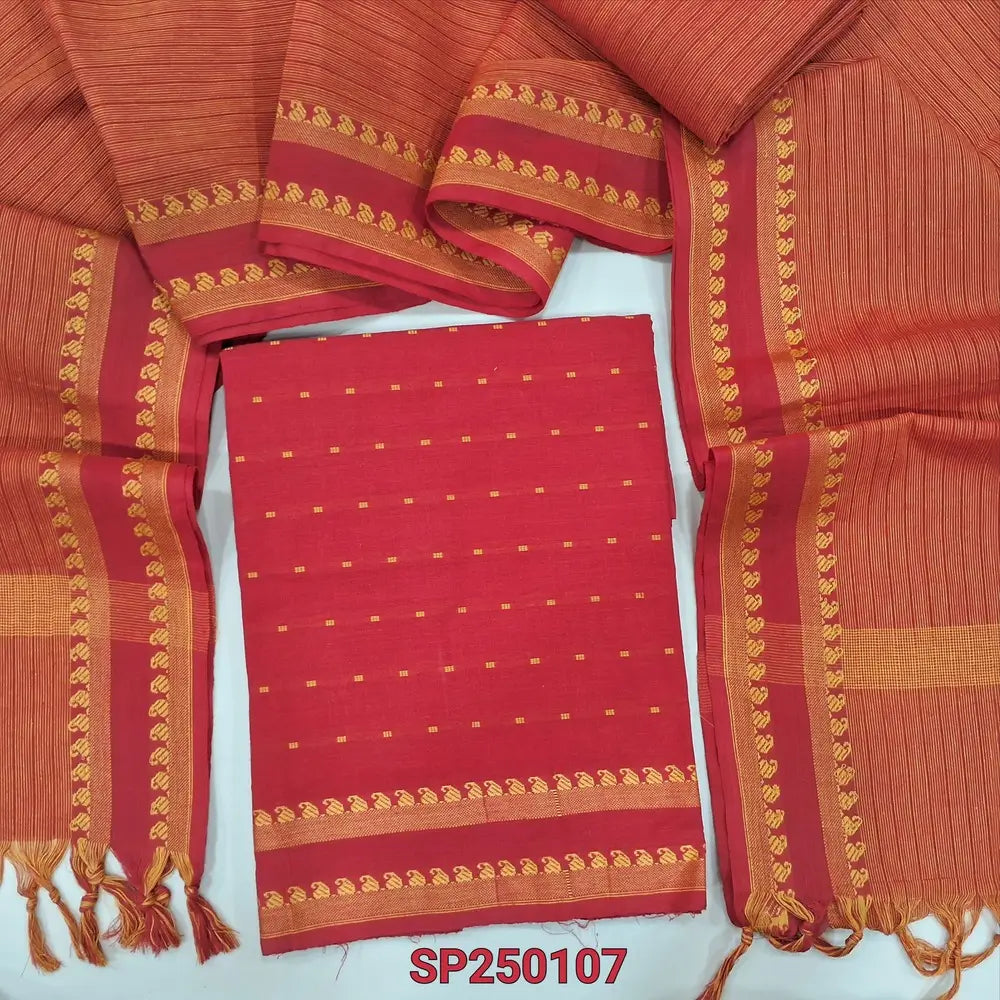 Red south handloom cotton unstitched salwar material, thread woven design all over(lining optional)handloom cotton bottom, handloom cotton dupatta with borders. CODE SP250107