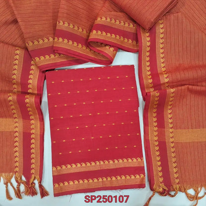 Red south handloom cotton unstitched salwar material, thread woven design all over(lining optional)handloom cotton bottom, handloom cotton dupatta with borders. CODE SP250107
