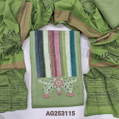 Sage green premium cotton unstitched salwar material, bock print &embroidery on yoke(lining optional)matching pure cotton bottom, block printed pure mul cotton dupatta. CODE AG253115