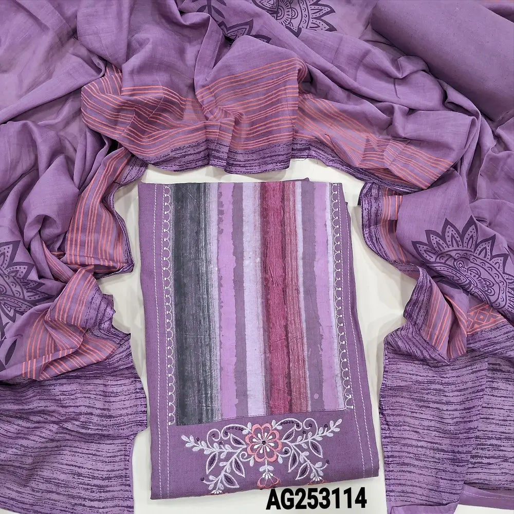Dark mauve premium cotton unstitched salwar material, bock print &embroidery on yoke(lining optional)matching pure cotton bottom, block printed pure mul cotton dupatta. CODE AG253114