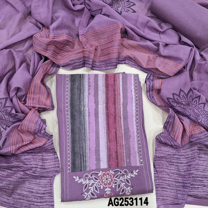 Dark mauve premium cotton unstitched salwar material, bock print &embroidery on yoke(lining optional)matching pure cotton bottom, block printed pure mul cotton dupatta. CODE AG253114
