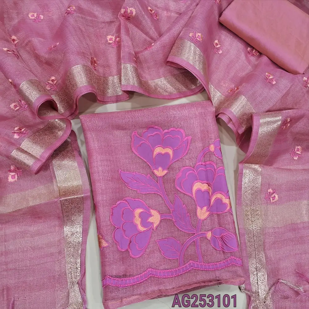 Pastel pink designer tissue silk cotton unstitched salwar material, thin zari lines all over, applique work on daman(thin, lining needed)matching silk cotton bottom, embroidered tissue silk cotton dupatta with zari woven borders. CODE AG253101