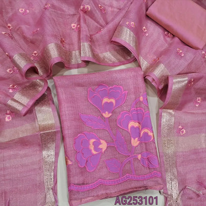 Pastel pink designer tissue silk cotton unstitched salwar material, thin zari lines all over, applique work on daman(thin, lining needed)matching silk cotton bottom, embroidered tissue silk cotton dupatta with zari woven borders. CODE AG253101