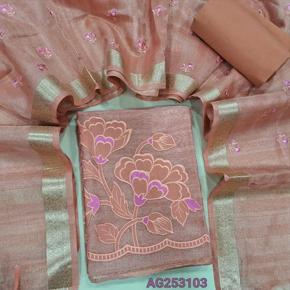 Peachish pink designer tissue silk cotton unstitched salwar material, thin zari lines all over, applique work on daman(thin, lining needed)matching silk cotton bottom, embroidered tissue silk cotton dupatta with zari woven borders. CODE AG253103