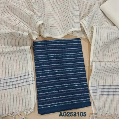 Dark blue pure handloom cotton unstitched salwar material, vertical thread woven all over(lining needed)half white cotton bottom, handloom cotton dupatta with vertical thread woven lines. CODE AG253105