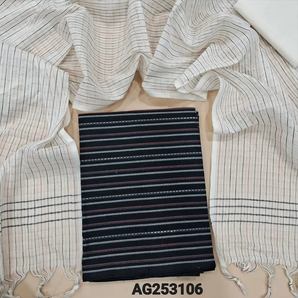 Black pure handloom cotton unstitched salwar material, vertical thread woven all over(lining needed)half white cotton bottom, handloom cotton dupatta with vertical thread woven lines. CODE AG253106