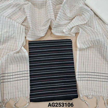 Black pure handloom cotton unstitched salwar material, vertical thread woven all over(lining needed)half white cotton bottom, handloom cotton dupatta with vertical thread woven lines. CODE AG253106