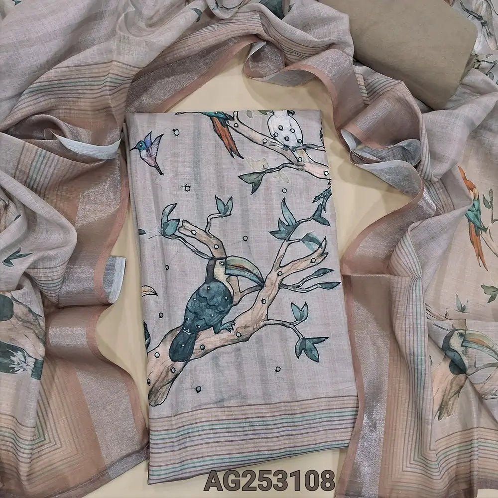 Light onion pink digital printed semi linen unstitched salwar material, bead& faux mirror work on front(thin, lining needed)matching santoon bottom, digital printed semi linen dupatta with silver tissue borders. CODE AG253108