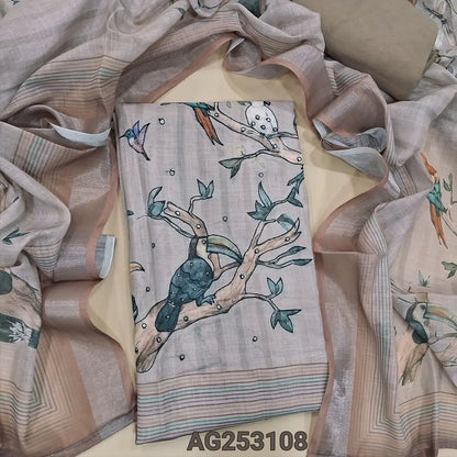 Light onion pink digital printed semi linen unstitched salwar material, bead& faux mirror work on front(thin, lining needed)matching santoon bottom, digital printed semi linen dupatta with silver tissue borders. CODE AG253108