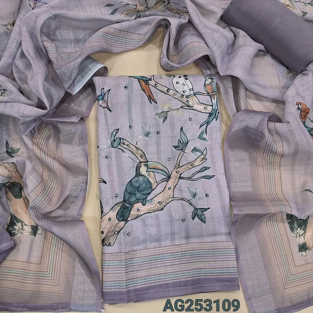 Light mauve digital printed semi linen unstitched salwar material, bead& faux mirror work on front(thin, lining needed)matching santoon bottom, digital printed semi linen dupatta with silver tissue borders. CODE AG253109