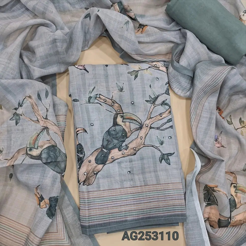 Light grey digital printed semi linen unstitched salwar material, bead& faux mirror work on front(thin, lining needed)matching santoon bottom, digital printed semi linen dupatta with silver tissue borders. CODE AG253110