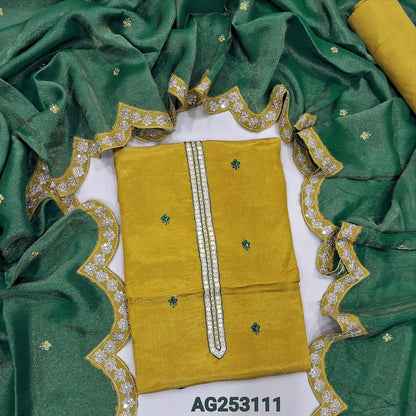 Bright mehandhi yellow designer tissue organza silk unstitched salwar material, zardozi& sequins worn on yoke, embroidery on front(thin, lining needed)matching santoon bottom, embroidered pure tissue organza dupatta. CODE AG253111