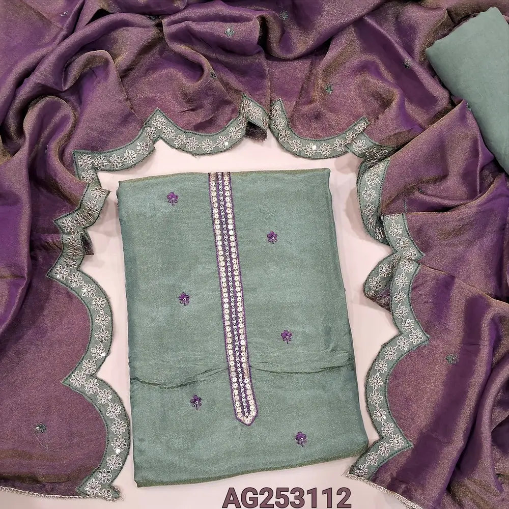 Greenish grey designer tissue organza silk unstitched salwar material, zardozi& sequins worn on yoke, embroidery on front(thin, lining needed)matching santoon bottom, embroidered pure tissue organza dupatta. CODE AG253112