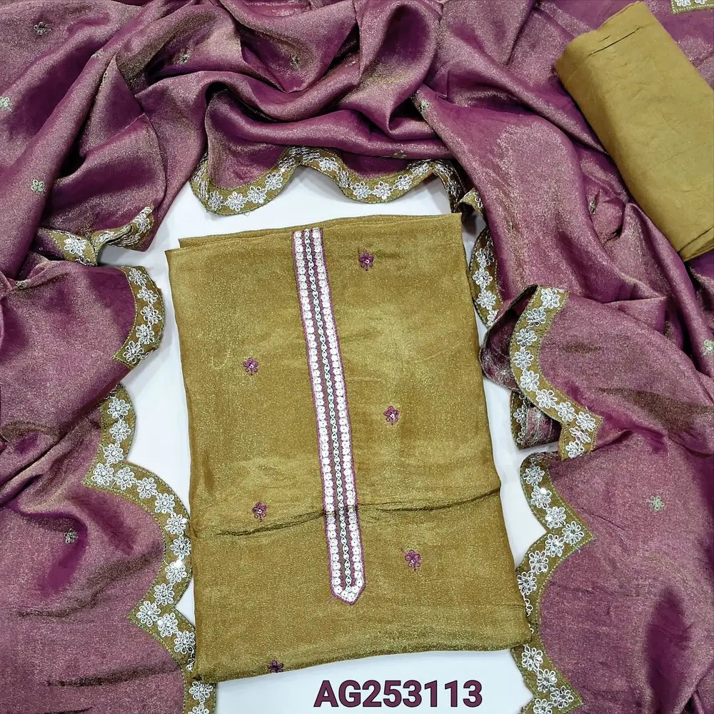 Mehandhi green designer tissue organza silk unstitched salwar material, zardozi& sequins worn on yoke, embroidery on front(thin, lining needed)matching santoon bottom, embroidered pure tissue organza dupatta. CODE AG253113