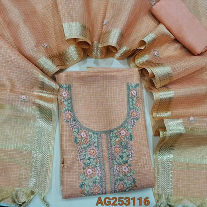 Peach tissue kota unstitched salwar material, rich hand embroidery on yoke& front(thin, lining needed)matching santoon bottom, hand embroidered tissue kota with with zari woven borders. CODE AG253116