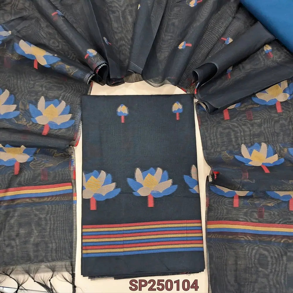 Black jamdani woven premium chanderi silk cotton unstitched salwar material(thin, lining needed)blue cotton bottom, jamdani woven chanderi silk cotton full length dupatta. CODE SP250104