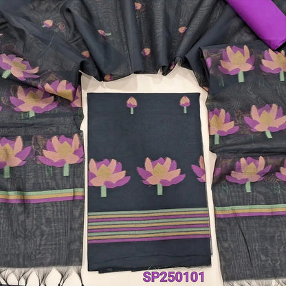 Black jamdani woven premium chanderi silk cotton unstitched salwar material(thin, lining needed)purple cotton bottom, jamdani woven chanderi silk cotton full length dupatta. CODE SP250101