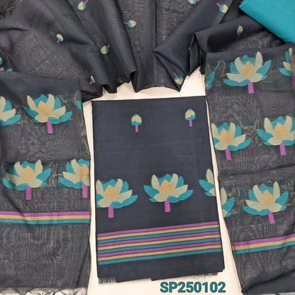 Black jamdani woven premium chanderi silk cotton unstitched salwar material(thin, lining needed)teal blue silk cotton bottom, jamdani woven chanderi silk cotton full length dupatta. CODE SP250102
